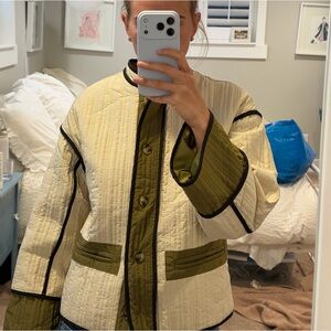 Quilted Contrast-Trim Jacket in Cream & Olive